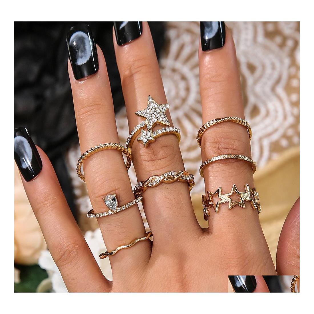 

Band Rings Fashion Jewelry Vintage Knuckle Ring Set Rhinstone Geomtric Five Piont Star Rings Sets 8Pcs/Set Drop Delivery Dhfda