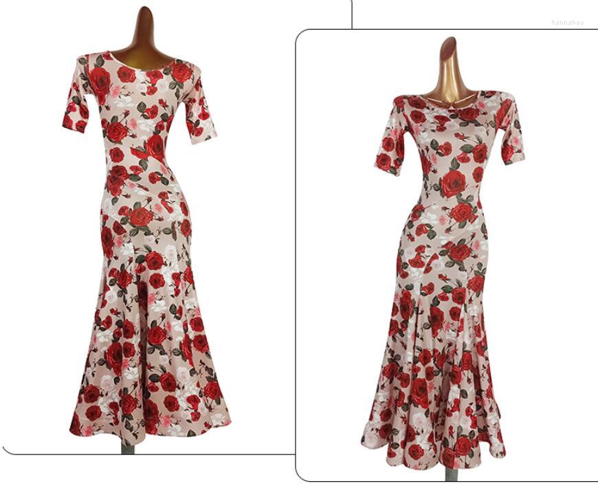 

Stage Wear Flower Print Ballroom Dance Dresses American Smooth Dress Satandard Waltz 824, Black