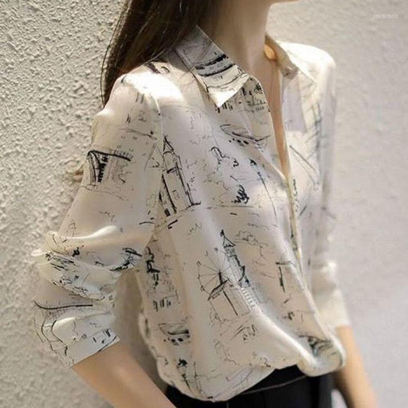 

Women' Blouses Blusas Mujer De Moda 2022 Femme Clothing Chiffon Korean Blouse And Tops Women V-Neck Vintage Shirts Long Sleeve Printing, Picture