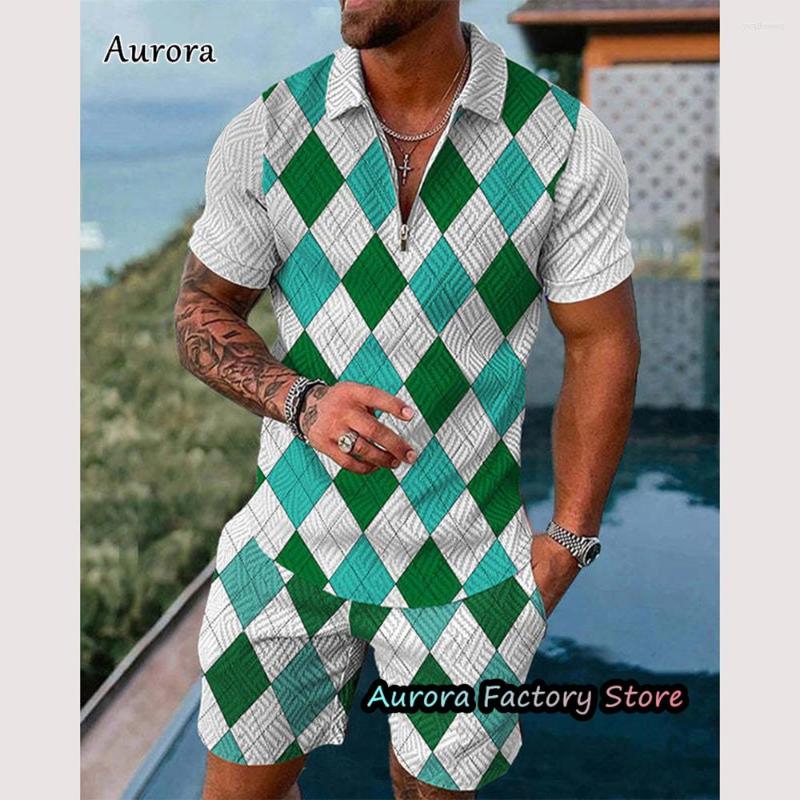 

Men' Tracksuits Summer Men' Striped Lattice Polo Shirt Set Male Fashion Tracksuit Casual Suit Trun Down Collar Zipper Clothing Vintage, Polo-9