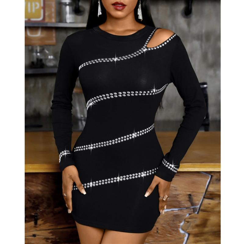

Casual Dresses For Women Party Long Sleeve Sexy Shoulder Hollow Out Rivet Short Bodycon Mini Dress Spring Ladies Slim Fit Clubwear 2022, Hs