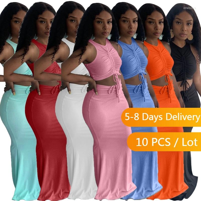 

Work Dresses Bulk Items Wholesale Lots Runched Dress Sets Women Summer Drawstring Ribbed Two Piece Set Streetwear Crop Top And Long Skirt, Black