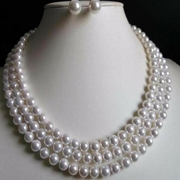 

Fashion Jewelry Long 50" 8mm White Shell Pearl Necklace Earring Set AAA