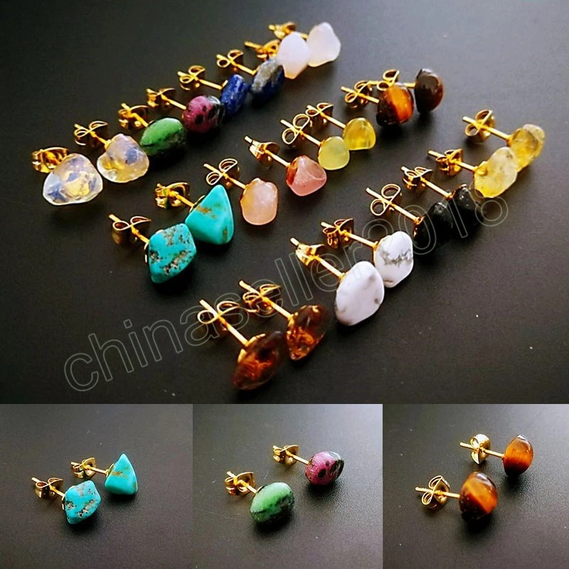 

Rainbow Natural Gravel Stone Irregualr Beads Ear Studs Earrings For Women Girls Quartzs Stone Earstuds Jewelry