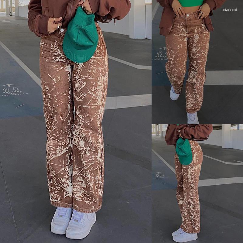 

Women' Jeans Female Tie-Dye Printed High Waist Wild Casual Street Straight Leg Pants 2022 Daily Wear Stylish Chic Trousers, Auburn