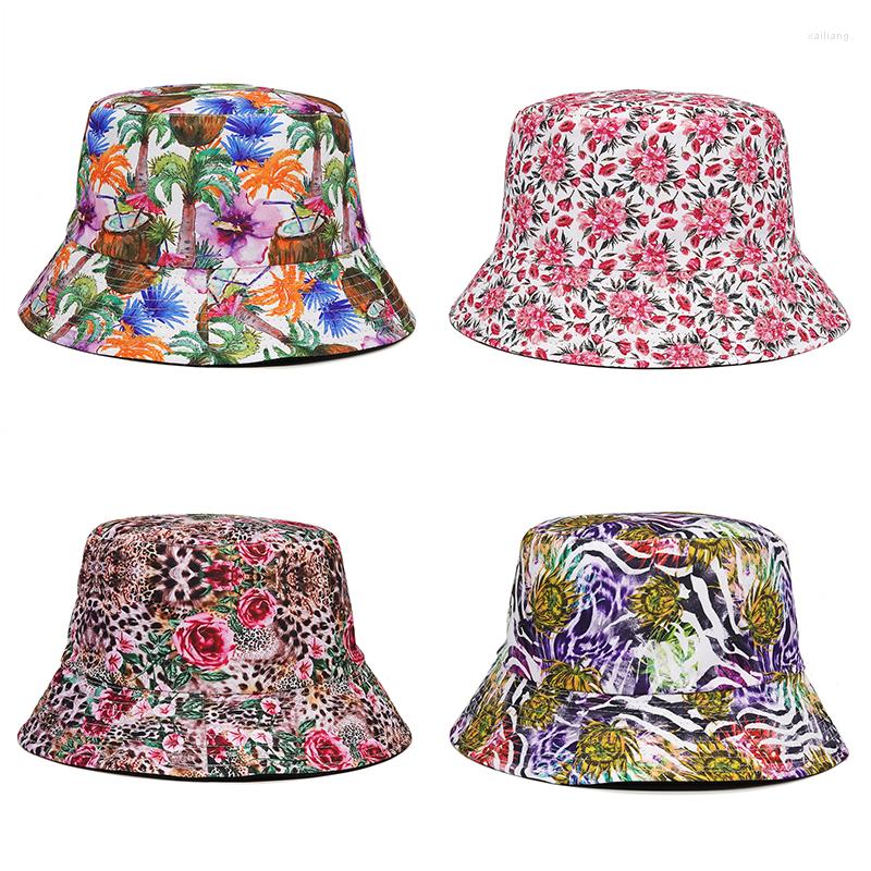 

Berets 2022 Luxury Design Bucket Hats For Women Man Reversible Flower Print Summer Sun Hat Female Beach Sunshine Fisherman Outdoor, M248-4