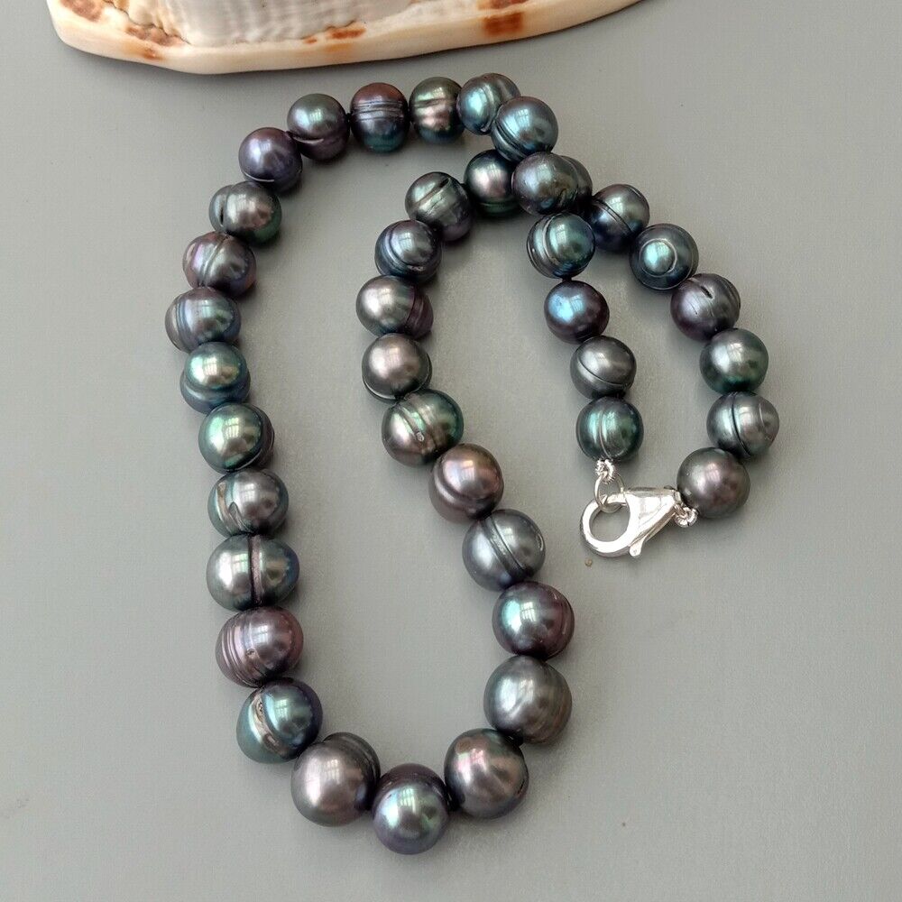 

9-10mm Freshwater Cultured Black Potato Pearl Necklace 18" 925 Silver