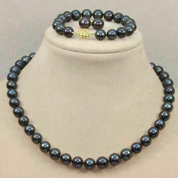 

8-9mm Black Freshwater Cultured Pearl Necklace Bracelet Earrings Set AA