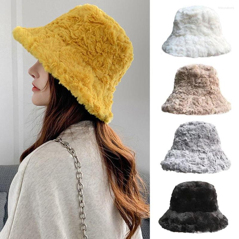 

Berets 2022 Winter Faux Fur Fluffy Bucket Hats Women Outdoor Thick Warm Hat Soft Furry Fisherman Cap Girl Fashion Panama Sun, Black 2