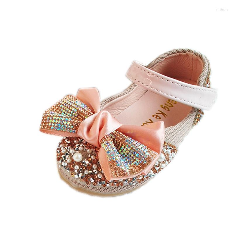 

First Walkers 13.5-15.5cm Bling Princess Dress Shoes For Toddler Girls Cute Lace Bowtie-knot With Rhinestone Little Girl Pearls Flats Shoe, Pink