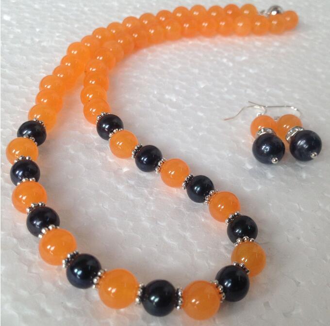 

Natural 7-8mm Black Cultured Pearl 8mm Orange Jade Necklace Earrings Set 18"