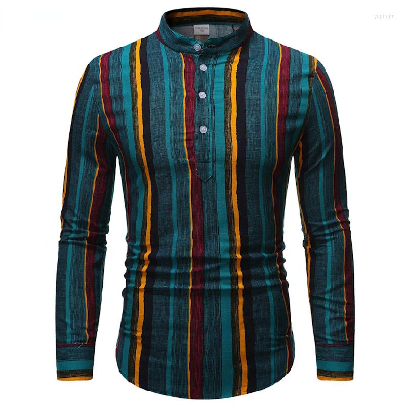 

Men's Casual Shirts Mandarin Collar Shirt For Men Linen Patchwork Striped Print Mens Formal Spring Comfy Long Sleeve, Px12