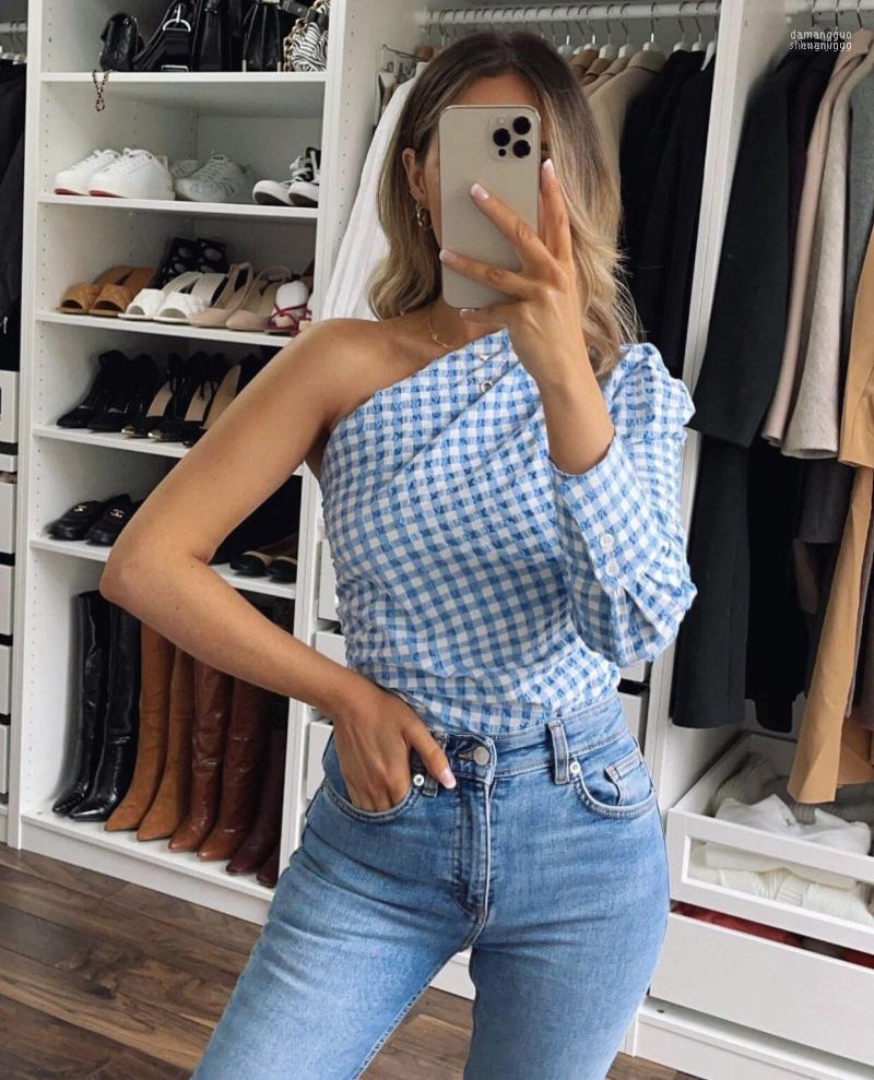 

Women' Blouses Women' & Shirts Women 2022 Fashion Asymmetrical Pleated Shirt Lady Plaid Print Irregular Hem Slim Blouse Roupas, Picture shown