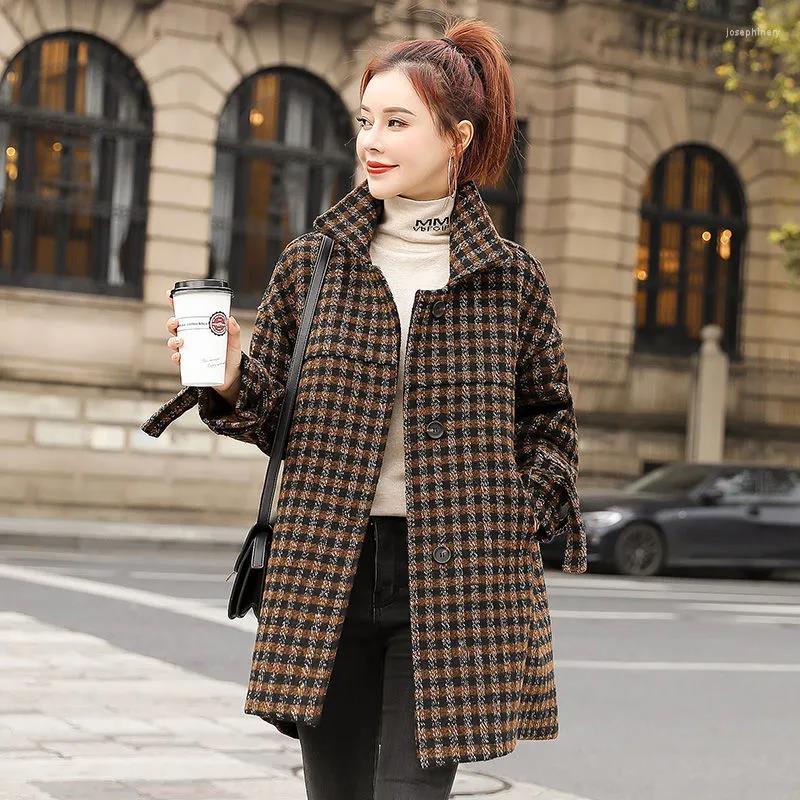 

Women' Wool Plaid Woolen Coat Women Mid-Length Outerwear 2022 Autumn Winter Overcoat Loose Houndstooth Fashion Trench Female, Big red
