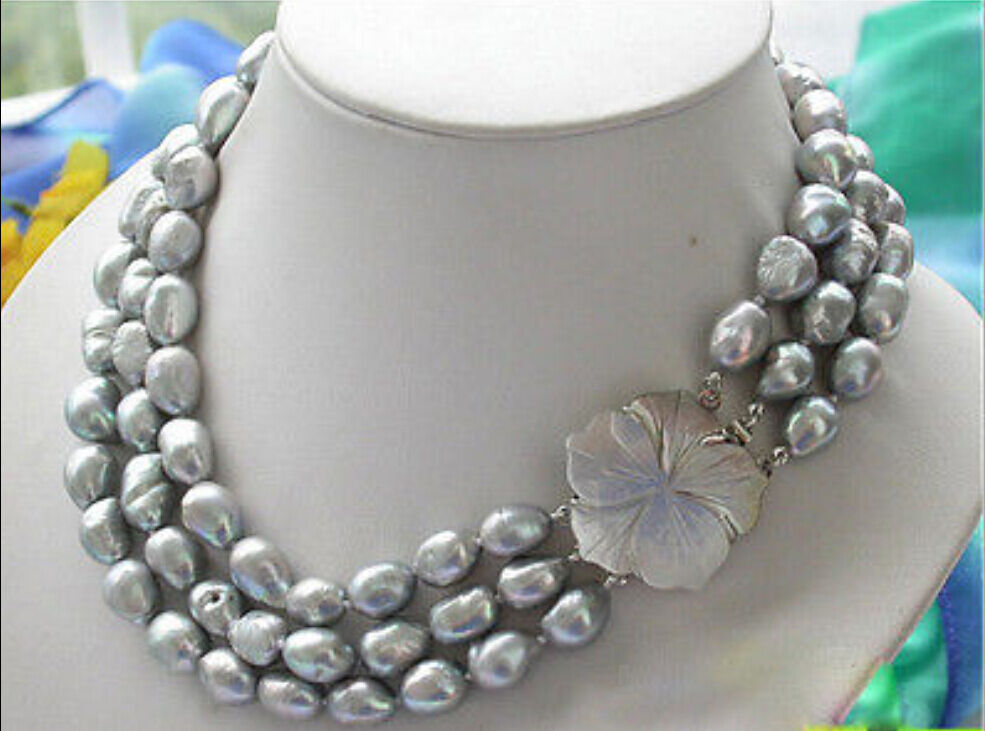 

3 Row 8-10mm gray baroque freshwater cultured pearl Necklace 17-19"