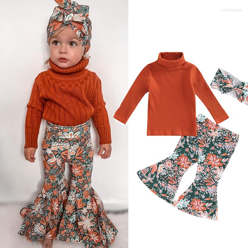 

Clothing Sets Infant Baby Girls Clothes Set Ribbed Turtleneck Long Sleeve Pullover Floral Print Flare Pants Headband Autumn Costumes, Picture shown