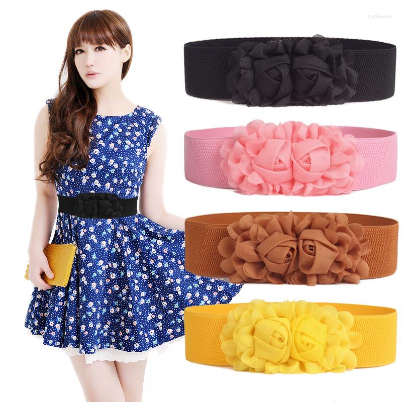 

Belts Korean Style Chiffon Super Wide Belt Double Rose Rosette Women Waist Cummerbunds Ladies Dress Skirt Decoration Accessories, Black