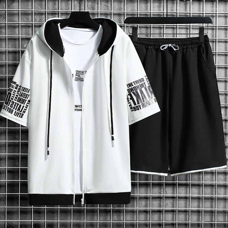 

Men's Tracksuits Summer Men Tracksuit Casual Harajuku Sets Men's Sportswear Hooded Short Sleeve Set Tshirts 2PCS Sports Suit Loose, Jw602lightgrey