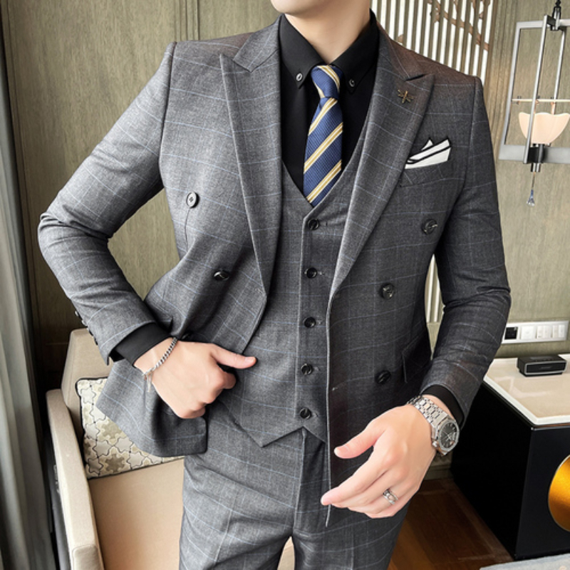 

Men's Suits Blazers Latest Casual Plaid Men Suit Slim Fit Double Breasted 3 Pieces Formal Business Set Costume Homme Blazer Vest Pants 221201, Gray