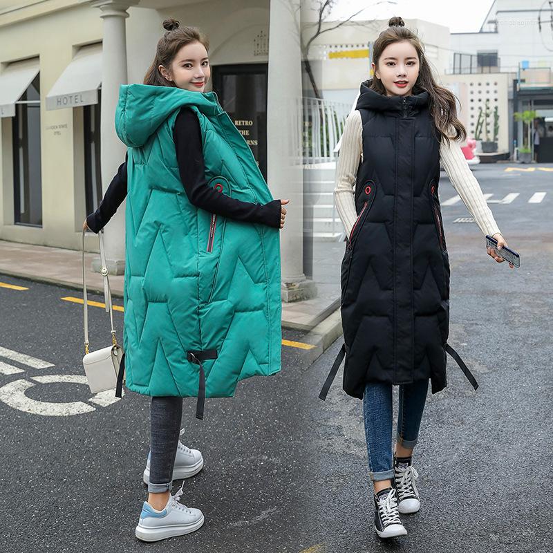 

Women's Vests Pocket Solid Color Hooded Down Padded Jacket Long Vest Women's Autumn And Winter Fashion Korean Version Casual Black Coat, White