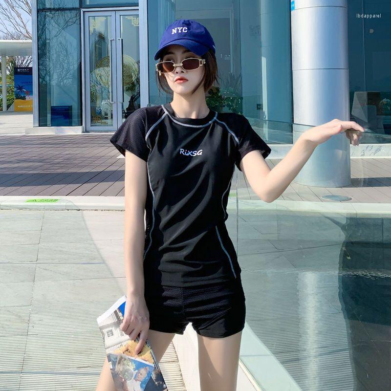 

Women' Swimwear Short-sleeved Swimsuit Girl Sports Split Two-piece Korean Thin Conservative Student Spring Swimming Suit Women, Black