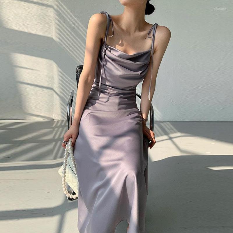 

Casual Dresses Chic One Piece Dress Korea Bandage Design Elegant Midi Women Sleeveless Sexy Office Lady Summer 2022 Square Collar, Pink