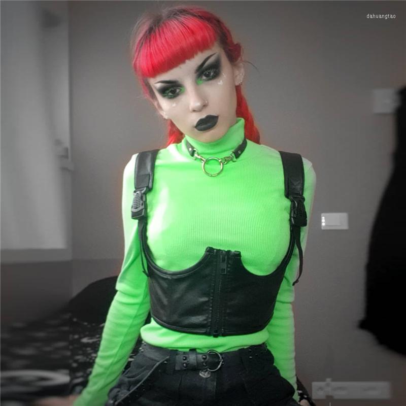 

Women' Tanks IAMTY Summer Harajuku Punk Sleeveless Tank Top Sexy Faux Leather Pu Crop Womens Backless Corset Streetwear Zipper, Black