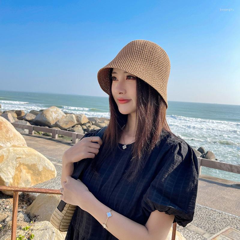 

Berets Solid Color Braid Bucket Hat For Women Summer Hollow Out Breathable Beach Knit Dome Fisherman Caps Lady Sunshade Panama Cap, 60792-khaki