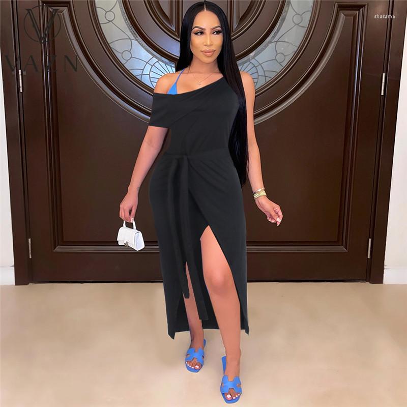 

Casual Dresses VAZN Summer 2022 European And American Irregular Sexy Diagonal Shoulder Strap Split Dress Nightclub Long, Black