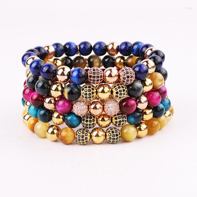 

Strand Fashion 8mm Mix Natural Stone Colorful Tiger Eye Beaded CZ Pave Ball Charm Elastic Bracelet For Women Men Jewelry Gift