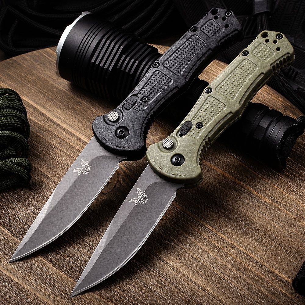 

Benchmade 9070BK-1 Claymore AUTO Folding Knife 3.6" CPM-D2 Cobalt Black Plain Blade Ranger Green Grivory Handles Outdoor Camping Knife