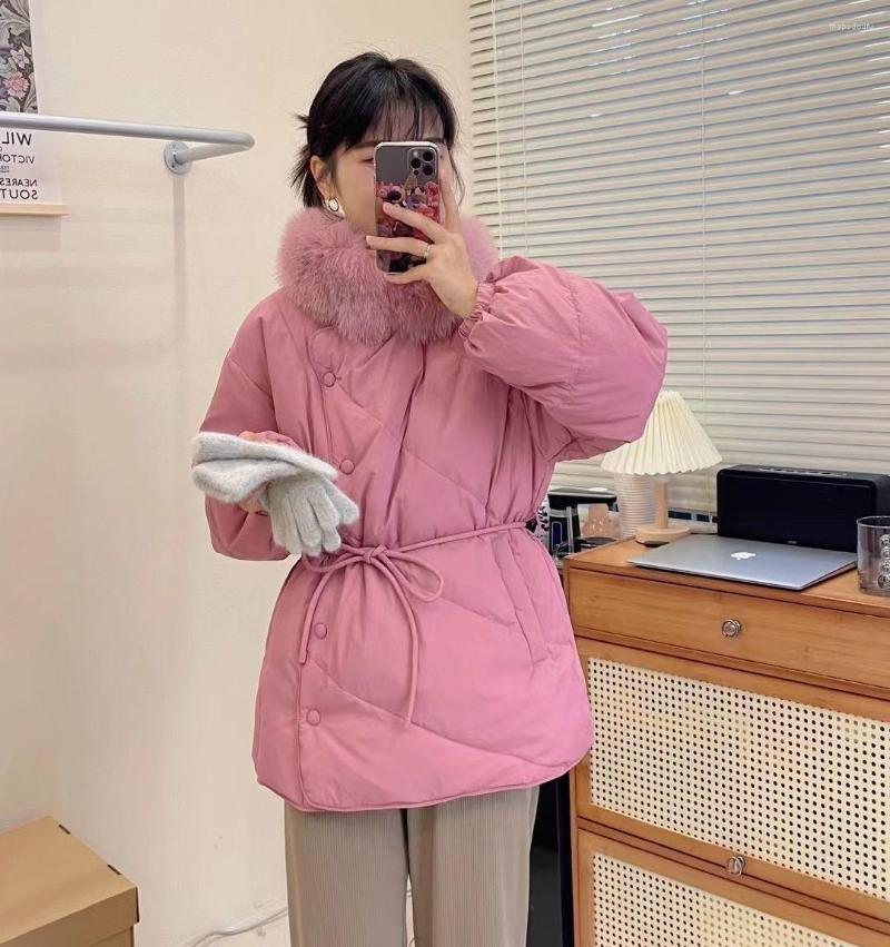 

Women' Trench Coats Winter Women' Cotton Coat 2022 Fur Collar Bib Design Fashion Waist Lace-up Short Down, Beige