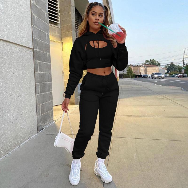 

Women' Two Piece Pants 2022 Winter Fleece 3-piece Set Women Vest Cut Out Top Bodycon Sweatpants Slim Sports Jogger Fitness Outfits, Pink