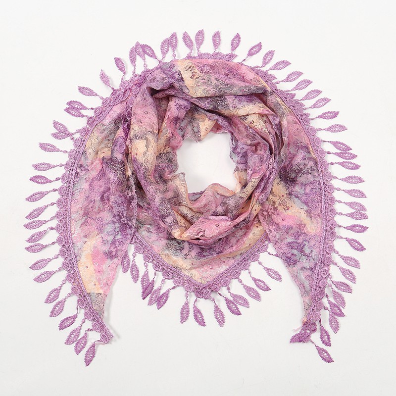 

Fashion Women Polyester Triangle Scarf Lace Purple Rose Floral Beach Shawls and Wraps Female Foulards Echarpe Muslim Hijab Sjaal