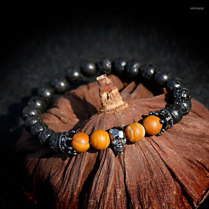 

Strand Fashion Black Skeleton&Crown Copper Bracelet Homme Men Bileklik Natural Lava Stone Beads For Women Braclet Jewelry
