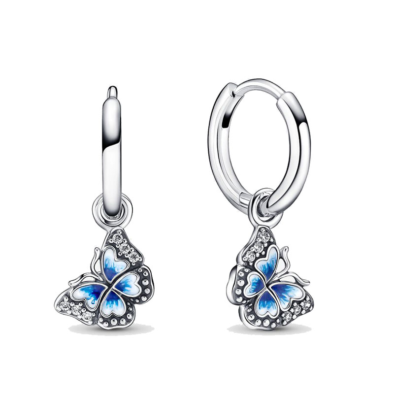 

Blue Butterfly Hoop Earrings Authentic Sterling Silver with Original Box for Pandora Fashion Women Party Jewelry CZ diamond Pendant Stud Earring Girlfriend Gift
