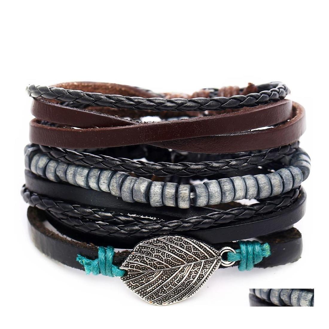 

Charm Bracelets Black Man Skin Bracelet Originality A String Of Beads Artificial Leather Suit Four Paper Set Drop Delivery Jewelry Br Dhj4C