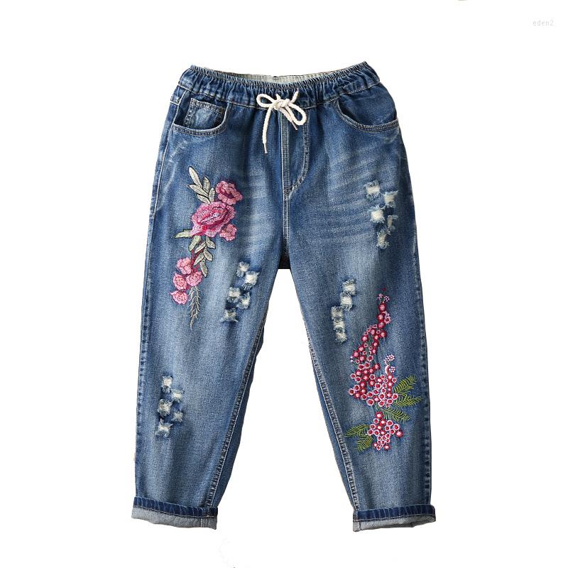

Women's Jeans Women's Retro Embroidery Summer Autumn Women Harem Pants Large Size Loose Elastic Waist Drawstring Hole Fashion Denim Jean, Color 2