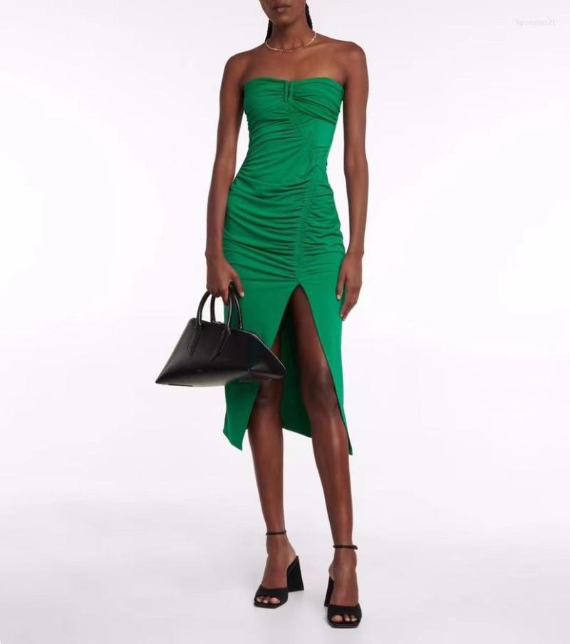 

Casual Dresses Women Strapless High Slit Back Zipper Green Evening Dress