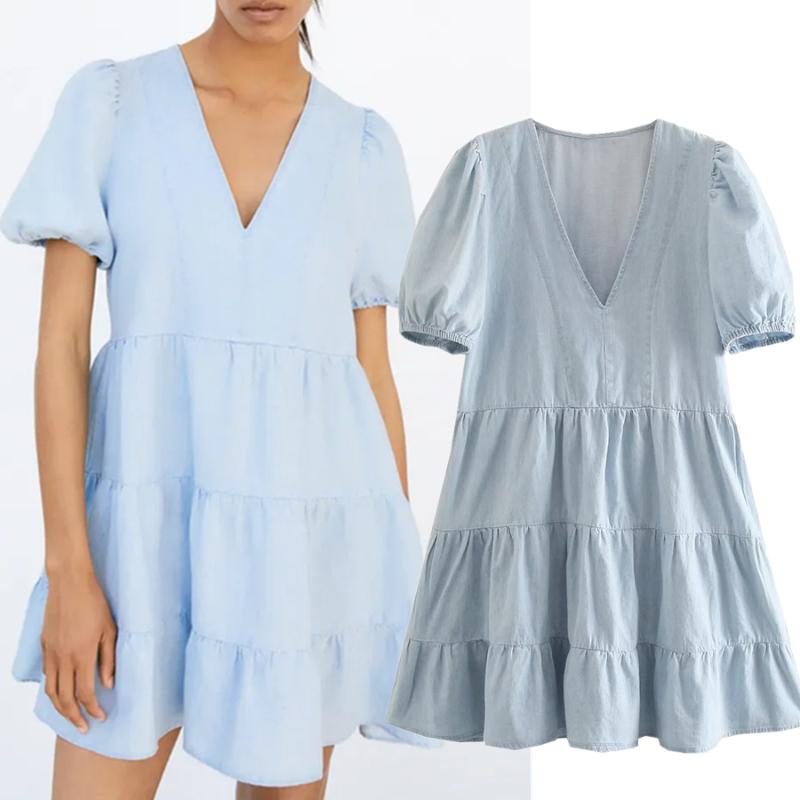 

Casual Dresses Jenny&Dave Mini Dress Women Summer Enlgand Style High Street V-neck Loose Vintage Washed Cascading Denim Vestidos, Sky blue