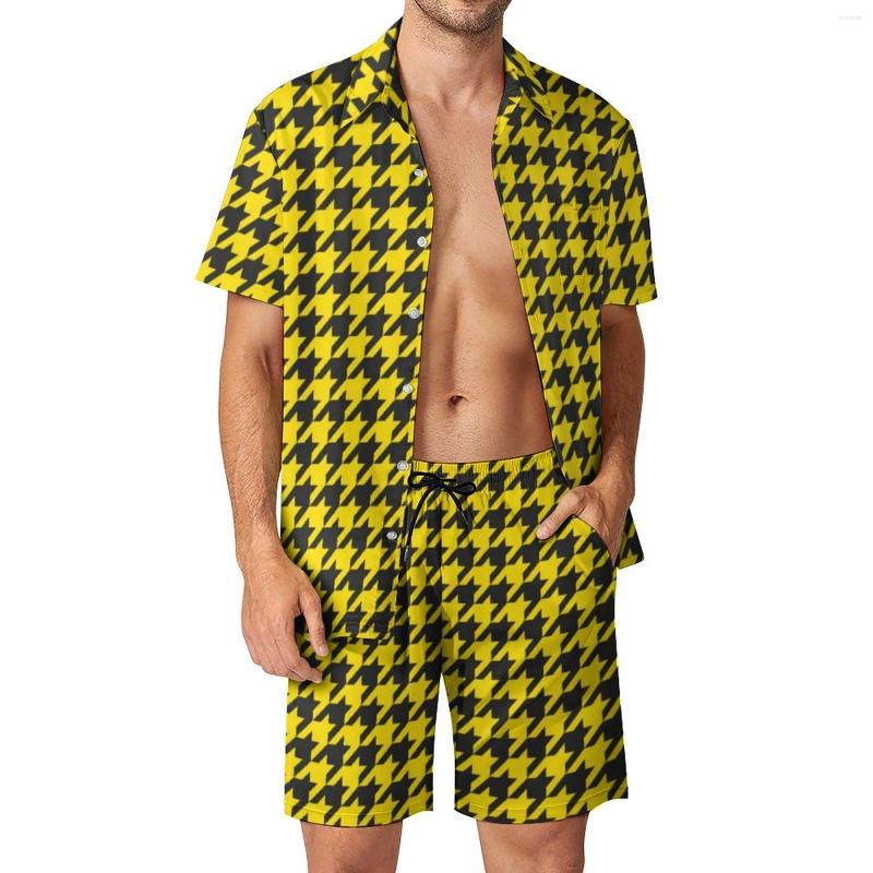 

Men's Tracksuits Yellow Black Houndstooth Men Sets Vintage Print Cool Casual Shirt Set Short-Sleeve Shorts Summer Beachwear Suit Plus Size, Style-2