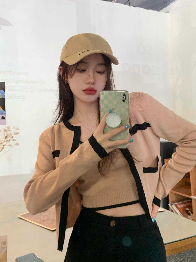 

Women's Knits Spring Autumn 2 Piece Korean Thin Vintage Contrast Knit Sweater Women Sexy Slim Short Vest Long Sleeve Knitwear Cardigan, Khaki vest