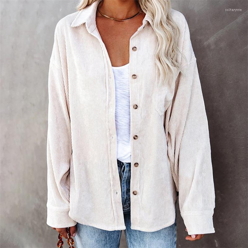 

Women's Blouses Autumn Winter Corduroy Shirts Casual Long Sleeve Button Up Tops Ladies Turn Down Collar Solid Color Loose Tees 2022, White