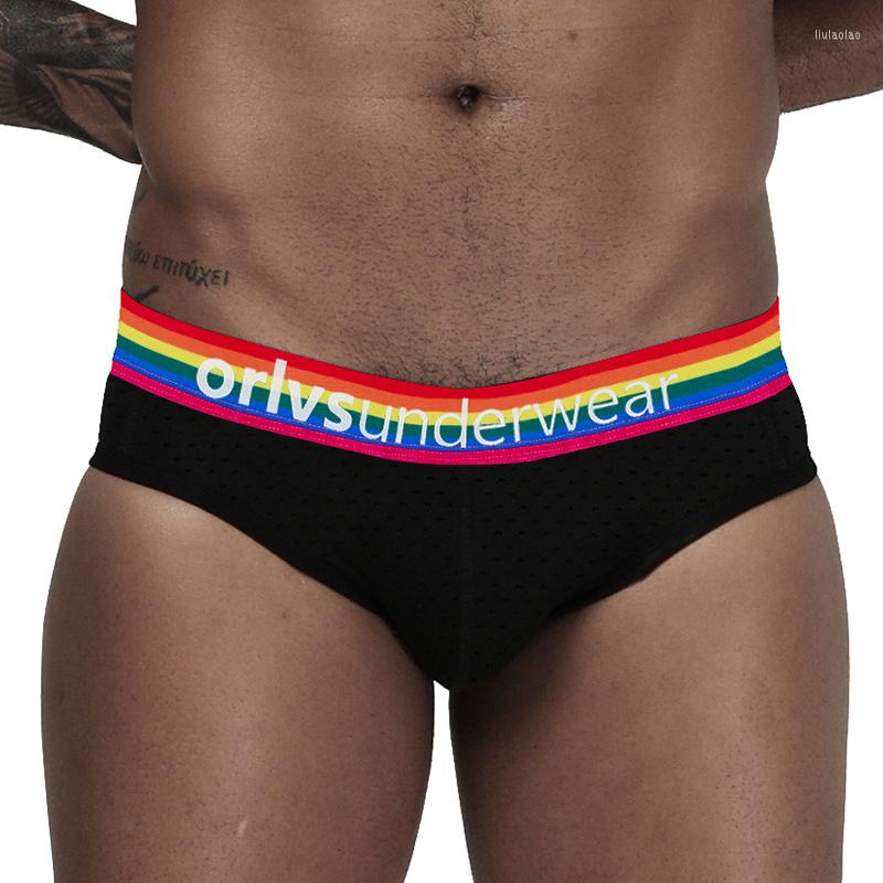 

Men's Socks Underwear Soft Short Men Briefs Mesh Underpants Rainbow Breathable Low Waist Sexy U Convex Pouch Quick Dry Man Panties, Or508-black
