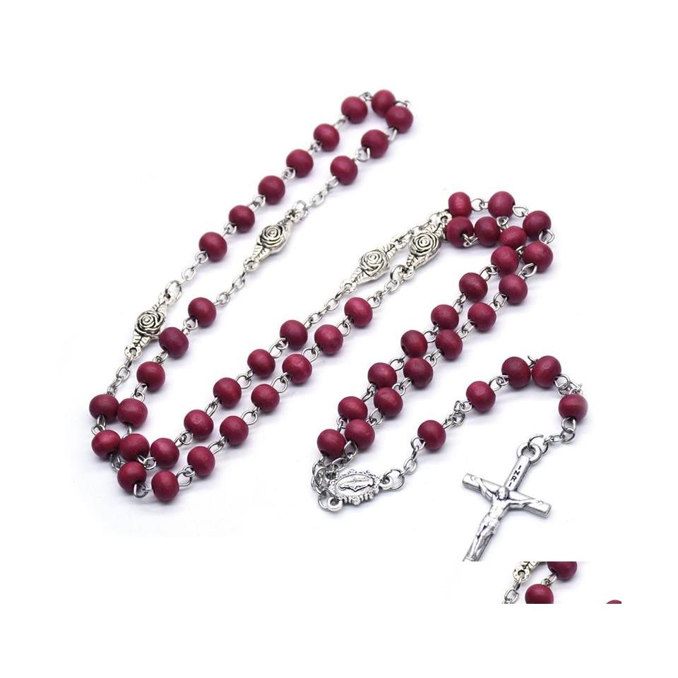 

Pendant Necklaces Wine Red Wood Beads Cross Rosary Necklace Catholic Long Strand Religious Jewelry Drop Delivery Necklaces Pendants Dhngq