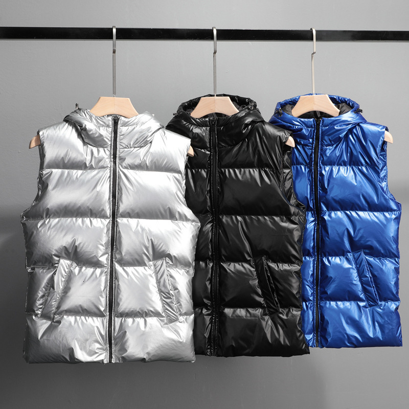 

Men's Vests 3603 Silver Blue Black Winter Vest Coat Women With Hood Slim Sleeveless Jacket Ladies Bodywarmer Thick Down Vest Waistcoat 221202