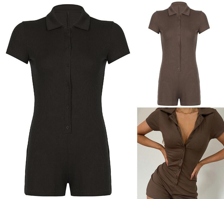 

American fashion Spice POLO collar button-down slimming nude jumpsuit, Black