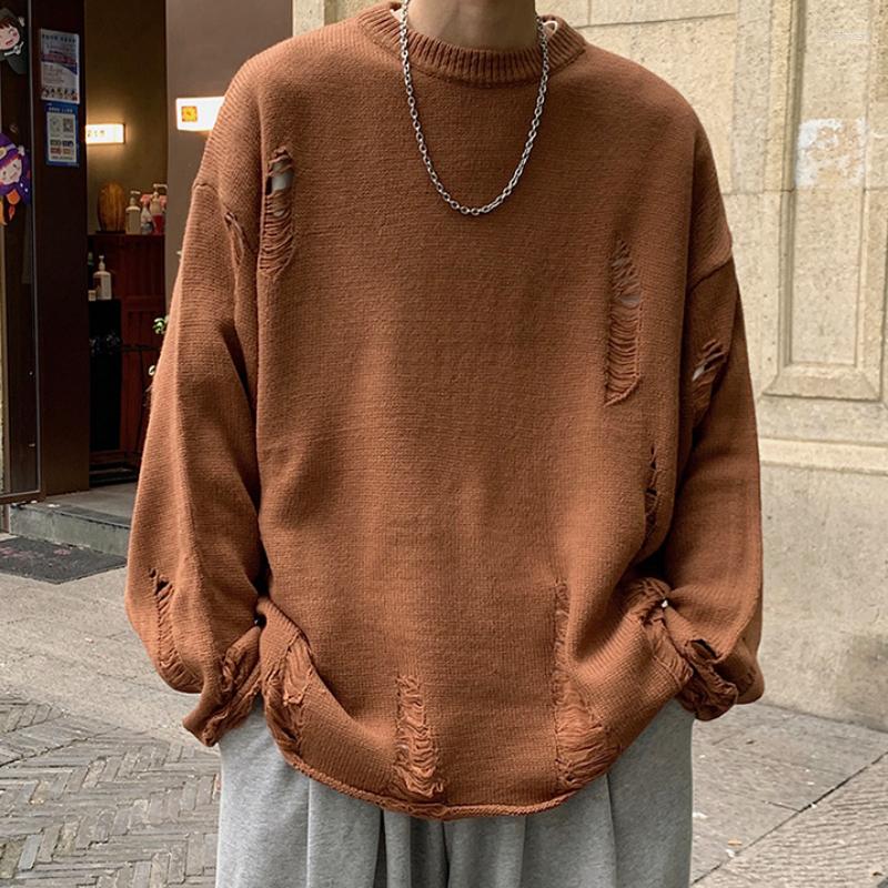

Men's Sweaters Streetwear Holes Knitting Sweater Round Neck Long Sleeve Men Pullovers Fashion Tide Autumn Winter Knit, Black