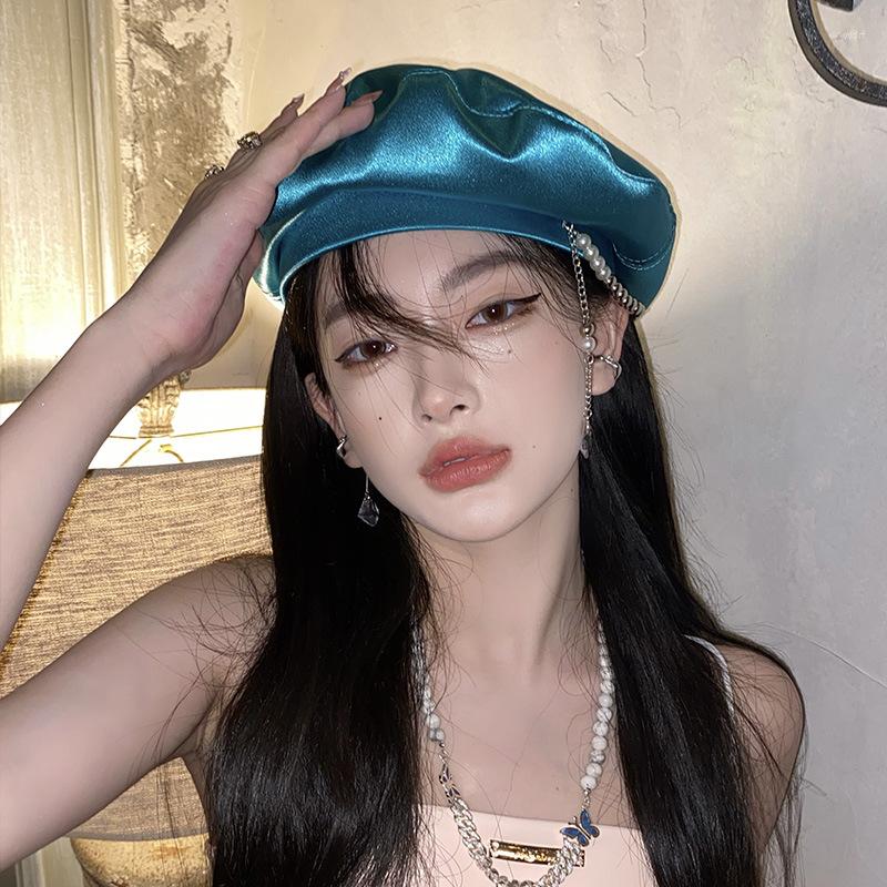 

Berets Luxury Pearl Metal Beret Patent Leather Women's Winter Hat French 2022 Arrival Ladies Spring Solid Caps Hats, White