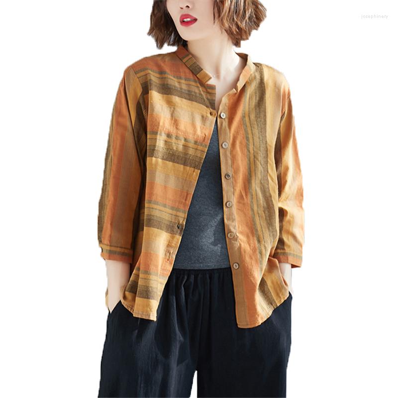 

Women's Jackets Fashion Women's Coat Summer Autumn Thin Jacket Retro Striped Cotton Seven-Point Sleeves Plaid Casual Shirt Female A146, Yellow